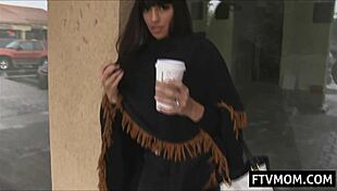 Oh wow, busty milf drinks coffee and flashes her tits on the street!