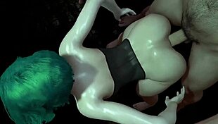 girl with green hair in 3d animation getting action from behind