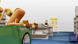 two busty lesbians fuck with double dildo in public store