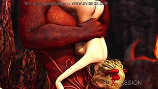 Devil plays with a super hot girl in hell, deepthroating monster cock in doggystyle and choking.