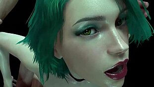 girl with green hair in 3d animation getting action from behind