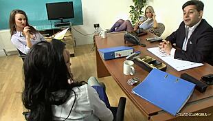 Naughty brunette and blonde girls masturbate their sexy tits and nipples in office while horny couple watches