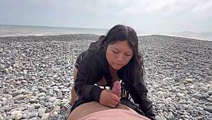 peruvian babe swallows every drop on the beach