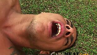 Biker hunk engages in gay public anal sex with monster cock