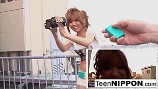 Pretty Japanese woman wears a vibrator in her shorts while giving a blowjob and getting facial
