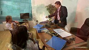 Naughty brunette and blonde girls masturbate their sexy tits and nipples in office while horny couple watches