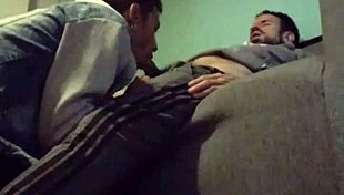 He got a blowjob and fucked on the sofa