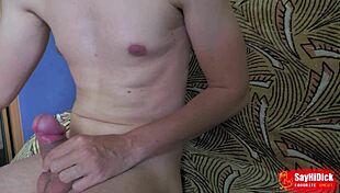 Skinny gay jerks off with uncircumcised fat cock