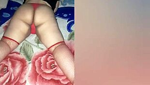 Dressed in red stockings to seduce roommate intensely