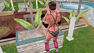 Lesbian girls fuck on the table in 3d animation.