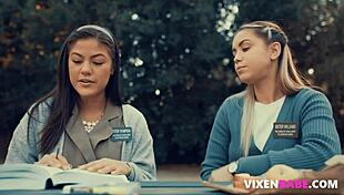 In the church, shaved lesbian girls explore their secret desires with licking and scissoring