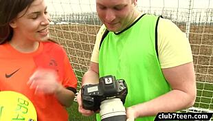 teen female footballer gives outdoor blowjob and fucks photographer for cumshot