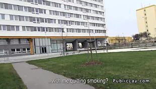 natural euro amateur couple sucks and fucks with a monster cock in public, leading to blowjob, creampie, and pov action