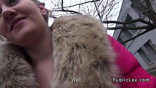 natural euro amateur couple sucks and fucks with a monster cock in public, leading to blowjob, creampie, and pov action