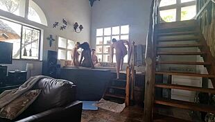 yo, spa bath turned wild with three girls, one guy, reverse gangbang interracial madness! 🛁🔥