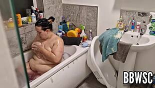 pervert spies on bbw washing giant floppy tits in bath