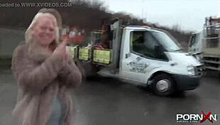 british blonde flashes perky tits and shaved pussy in public outdoor reality!