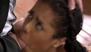 banker bangs ebony teen 18+ in bondage, gagging on cock with cumshot 😈