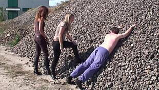 femdom ladies tease with harsh whipping on bound slaves