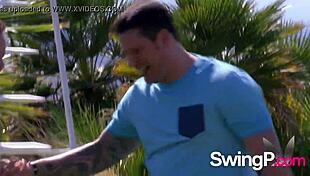 Horny swingers engage in oral sex during naughty outdoor game storyline.