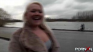 british blonde flashes perky tits and shaved pussy in public outdoor reality!