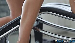 Pretty brunette slut gives erotic footjob