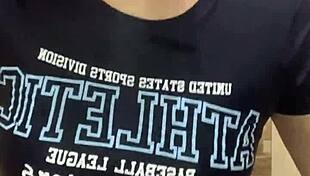 Young brunette babe fucks roommate in dorm bathroom