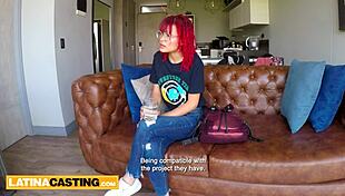 petite 18yo amateur latina redhead receives blowjob and deepthroat from big cock casting agent