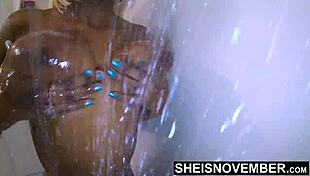 Msnovember Showcases Giant Nipples, Saggy Natural Boobs, Large Areolas Washed in Shower with Hairless Black Pussy, Juicy Ass Cheeks Nude After Booty Cumshot on Sheisnovember