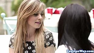 Gorgeous teen scissoring outdoors with tan lines and licking