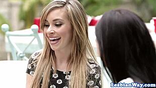 Gorgeous teen scissoring outdoors with tan lines and licking