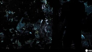 busty chick gets fucked by three dudes in forest