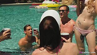 three blonde trannies at party with blowjobs and assfucking