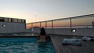 cumming a lot in the pool at sunset - accounter adventure with big black cock