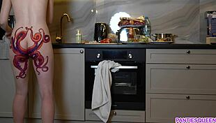 my naked housewife with octopus tattoo on ass cooks dinner and ignores me