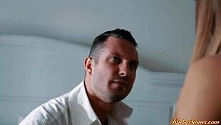 Petite babe with small tits teases monster cock before licking and fucking opponent's lawyer in shaved pussy hardcore