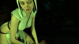 in this 3d hentai, princess leia gives a handjob and gets bukkaked in a star wars game teaser.