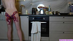 my naked housewife with octopus tattoo on ass cooks dinner and ignores me
