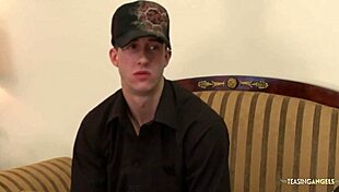 Tall guy interviewed, big dick sucked and fucked by horny brunette.