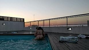 cumming a lot in the pool at sunset - accounter adventure with big black cock