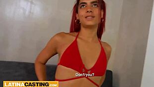 Latina casting: fiery small tits redhead rides rough on camera