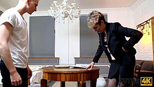 Mature tutor without glasses gets seduced by disciple in stockings and doggystyle