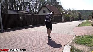 Hostel amateurs eagerly spoil guy in outdoor threesome.