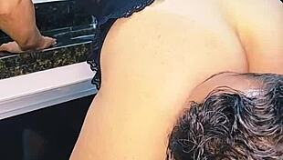 Blonde wife enjoys intimate moment with husband in the kitchen