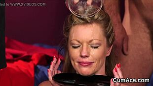 Unusual hottie receives multiple cumshots in a blowbang bukkake, gulping every drop from facial POV.