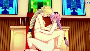 jeanne darc and tamamo no mae and astolfo havin intense sex in fate grand order hentai