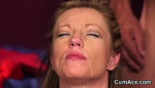 Unusual hottie receives multiple cumshots in a blowbang bukkake, gulping every drop from facial POV.