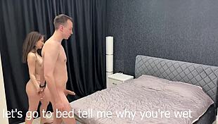 Cheating wife gets a close up and intimate lick from her lover while her husband watches