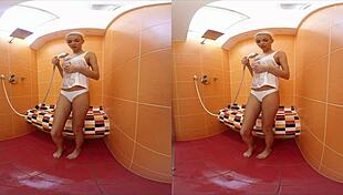 Blonde Karol Lilien bends over for doggystyle in the shower and room.