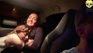 In the car, my friend and I engaged in a threesome with my boss, playing with his big cock, leading to cum and lesbian interactions.